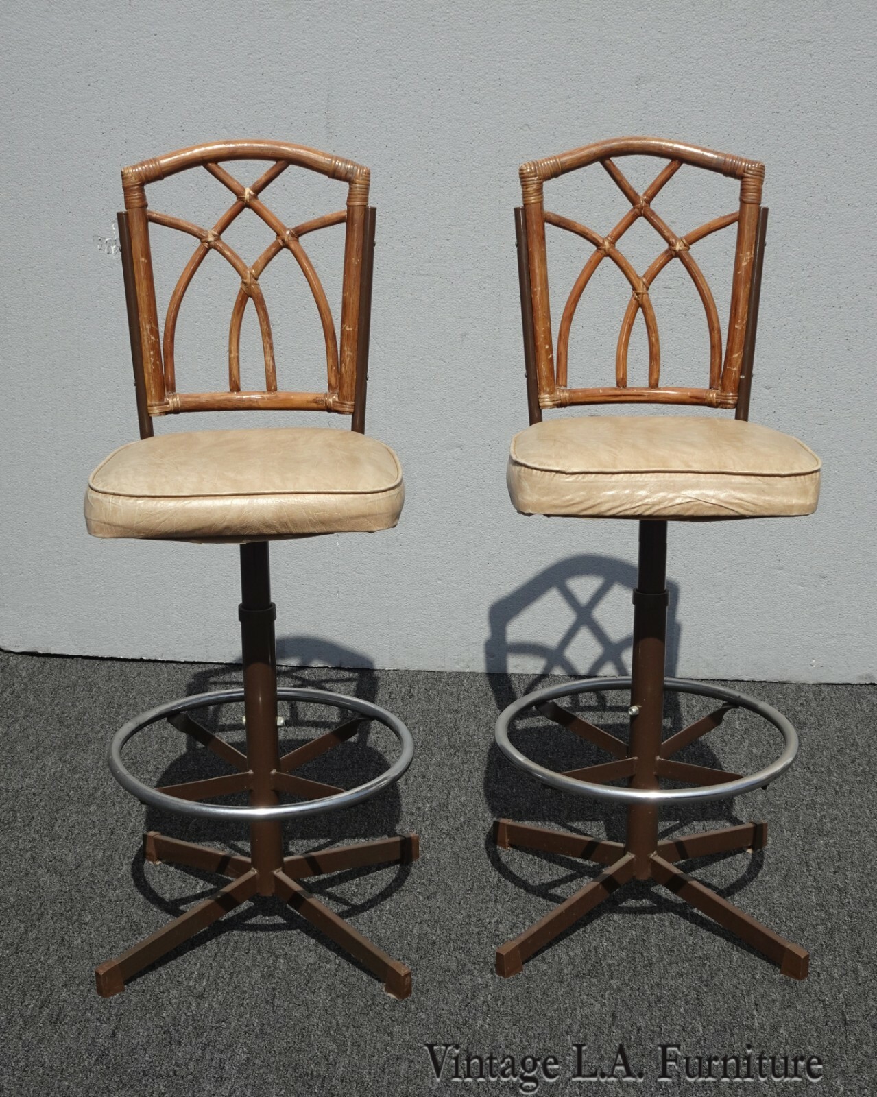 Pair of Vintage Mid Century Modern Bamboo & Metal Swivel Barstools Bar Stools
