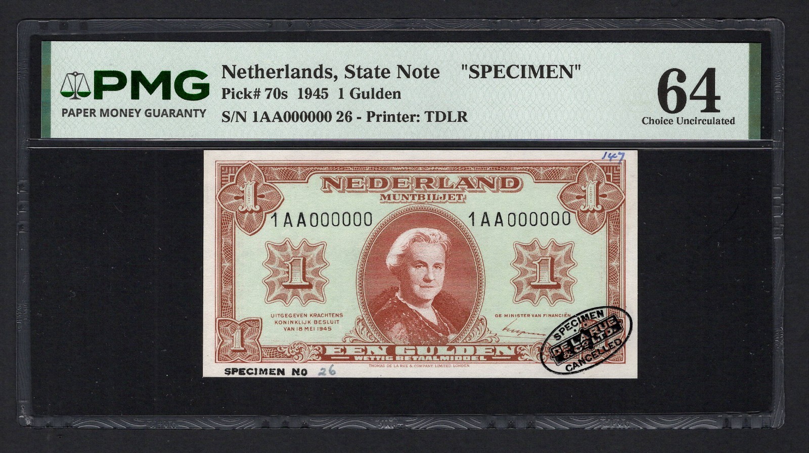 Netherlands One Gulden 1945 P70s "Specimen" Uncirculated Grade 64