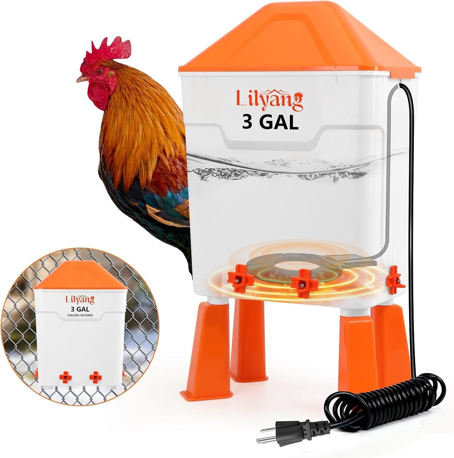 Lilyang Heated Chicken Waterer 3 Gallon Water Heater with Thermostat Control