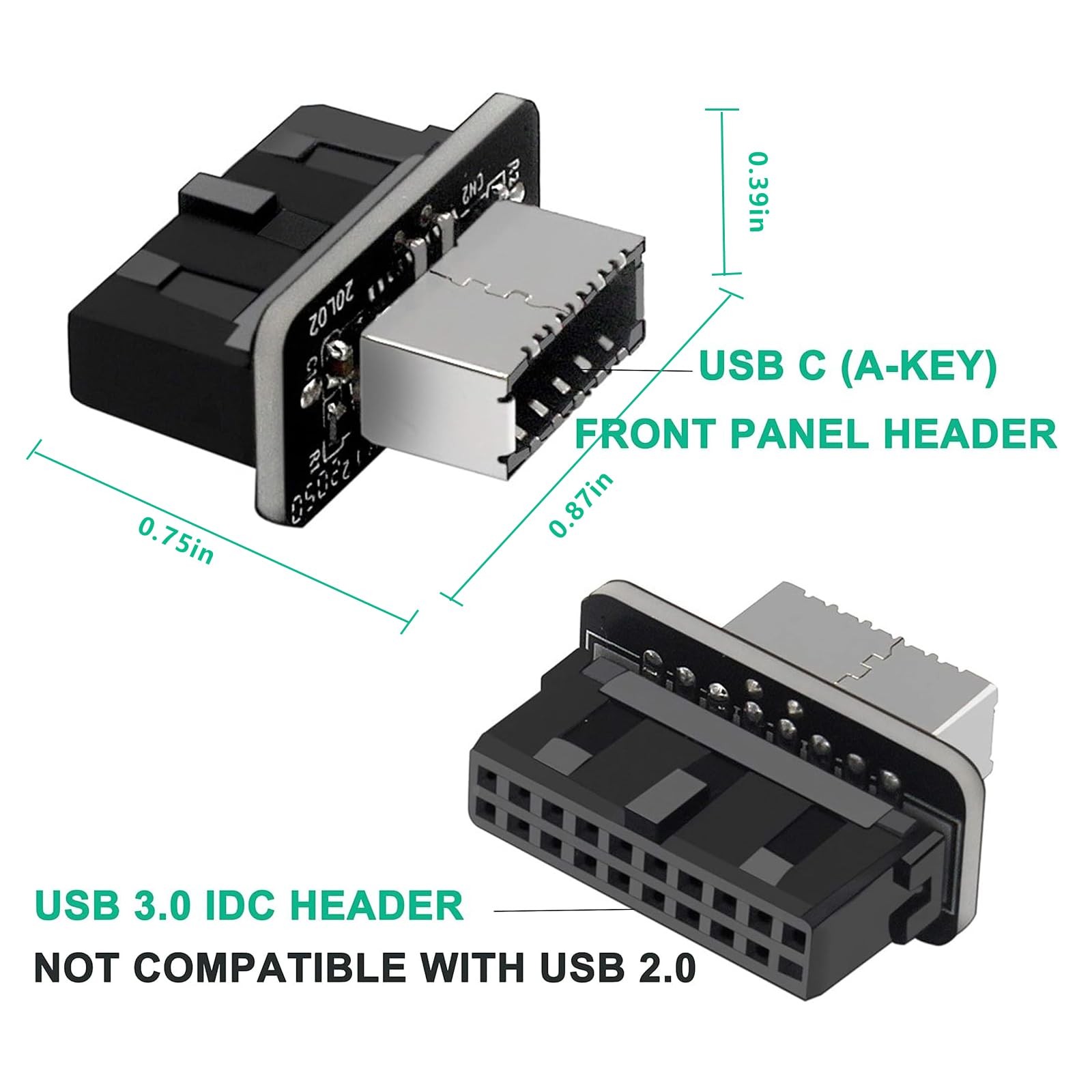 JoyReken USB Front Panel Adapter, Vertical C Header Small, Black