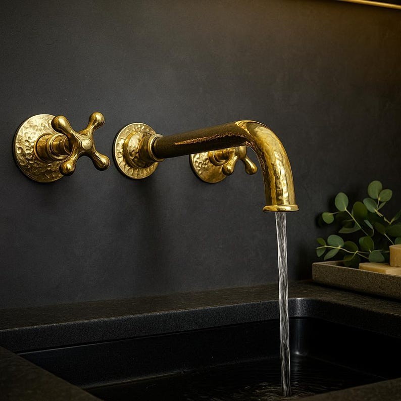 Unlacquered Brass Wall-Mount Faucet, Hammered Finish Gooseneck Spout, Cross Hand