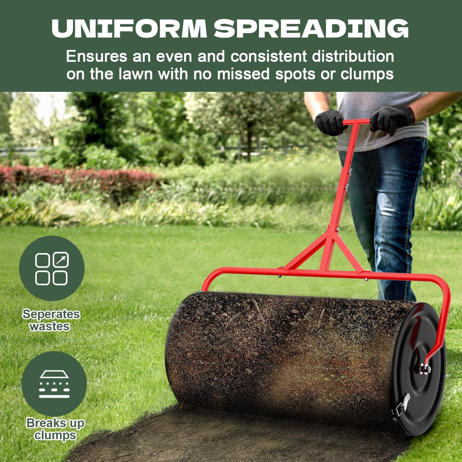 Compost Peat Moss Spreader for Lawn, 30 Inch Compost Roller Spreader with Adj...