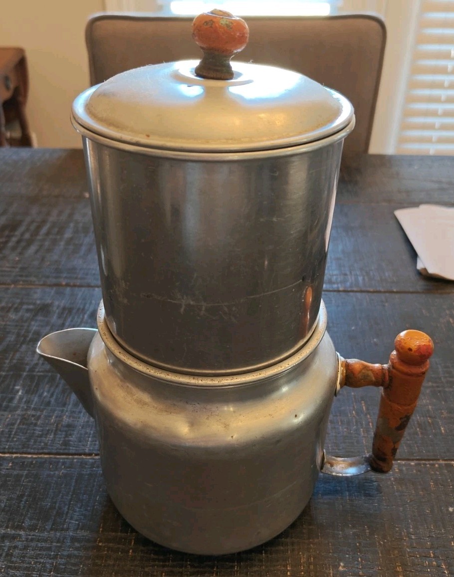 Vintage Aluminum Drip-O-Lator Coffee Pot with Wood Handles - 1930s/40s 6 cup