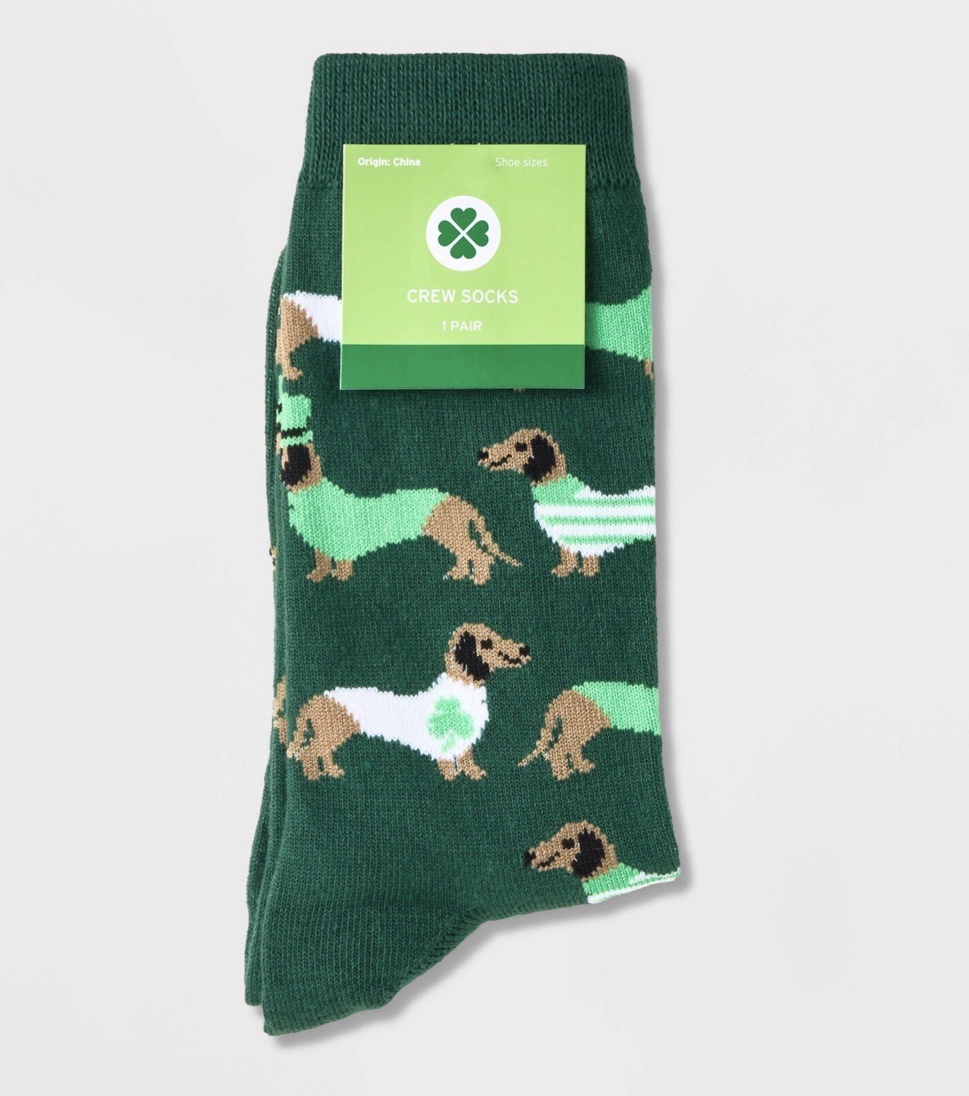St Patrick’s Day Doxie Dachshund  Ladies Crew Socks Shoe Size 4-10 NWT