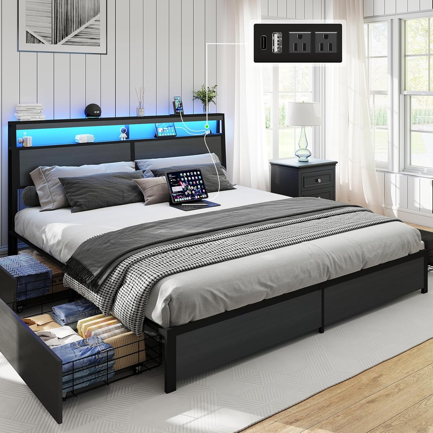 King Size Storage Bed Frame with LED Headboard＆4 Storage Drawer, Charging