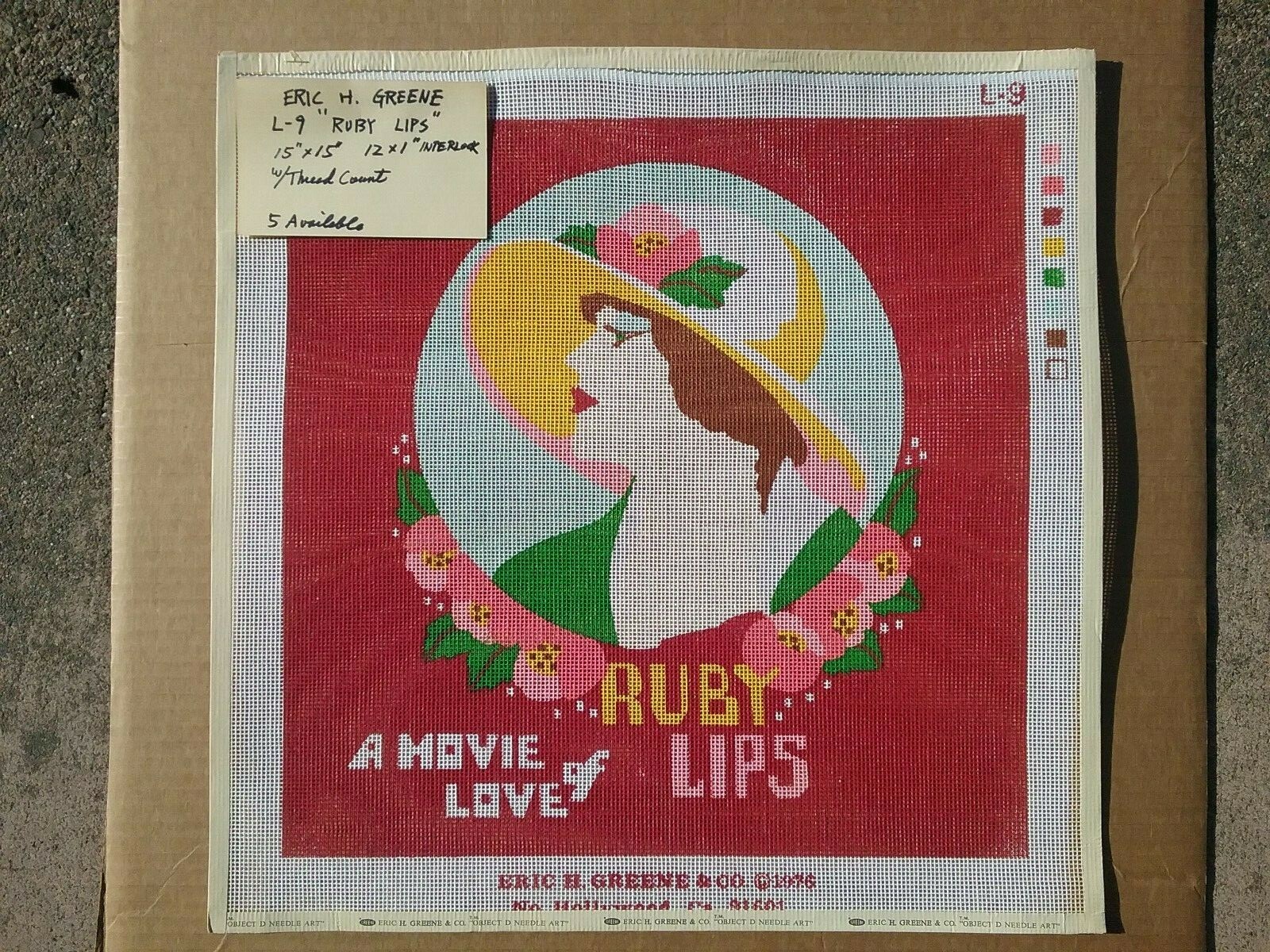 "Ruby Lips" Vintage 1976 painted needlepoint canvas 15" by 15" square finished