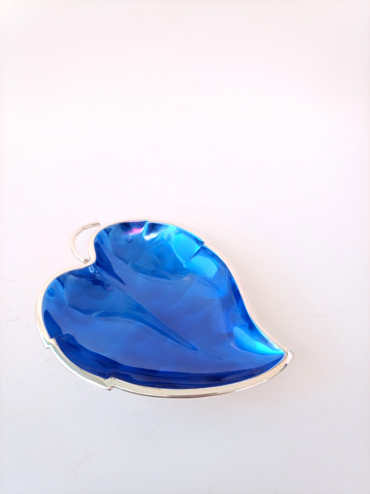 Vintage MCM Dekra Silver Plated BLUE ENAMEL Dish Bowl Leaf Shaped 7"