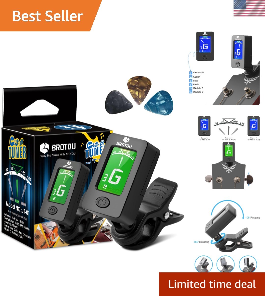 Guitar Tuner Clip-On with LCD Display & Capo for All String Instruments