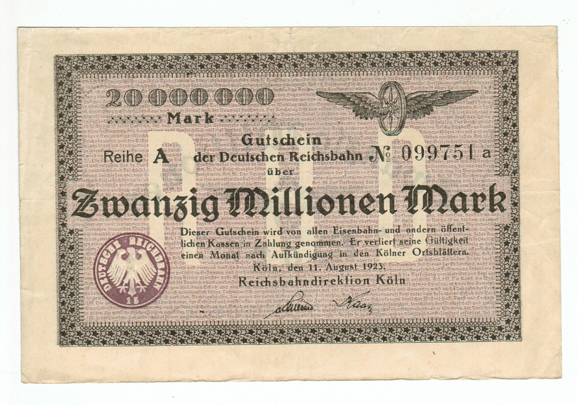 GERMANY BANKNOTE 20 MILLION MARK KOLN 1923