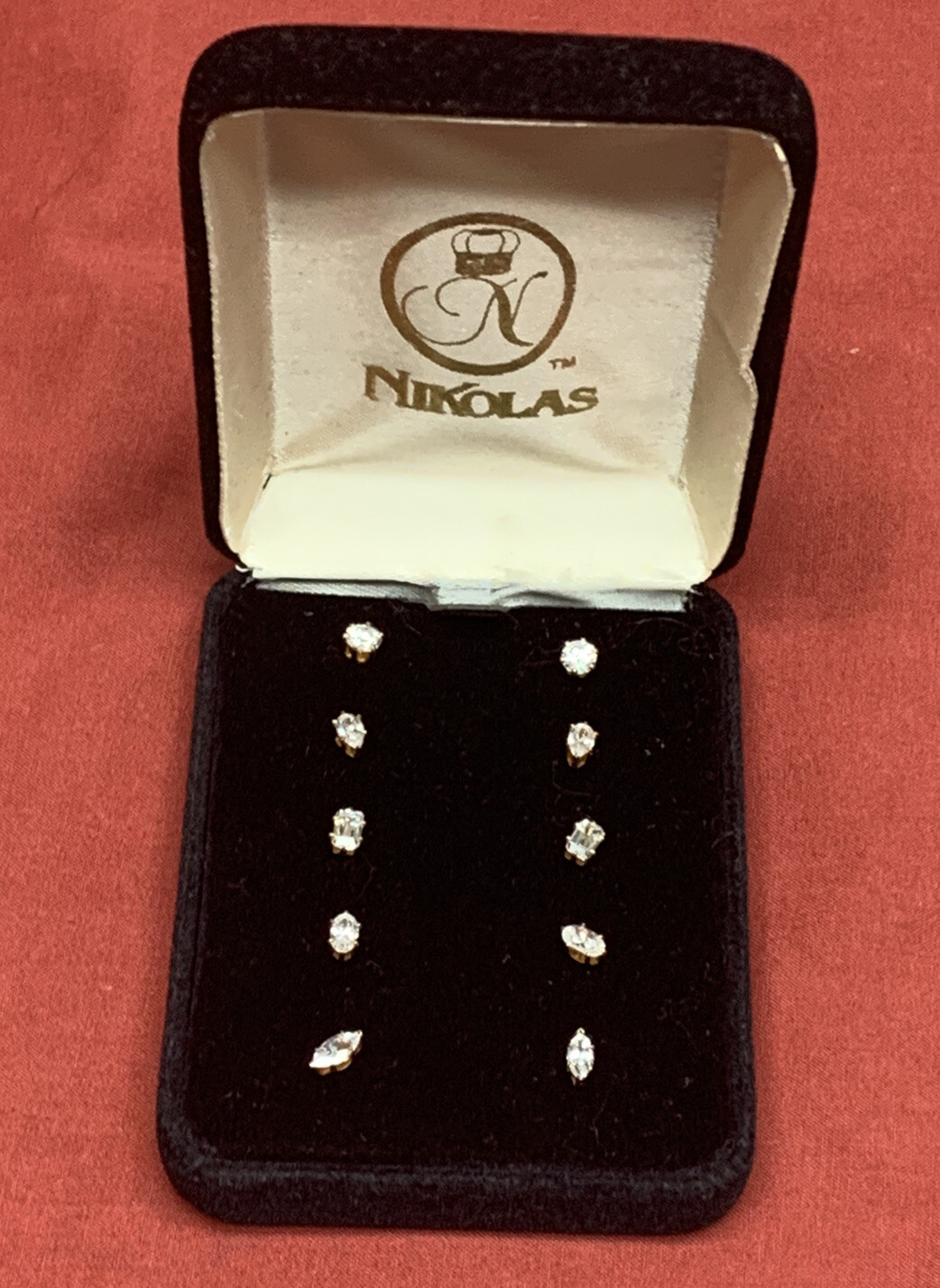 Vintage NIKOLAS 5 Pairs Cubic Zirconias Studs Gold Tone Earrings