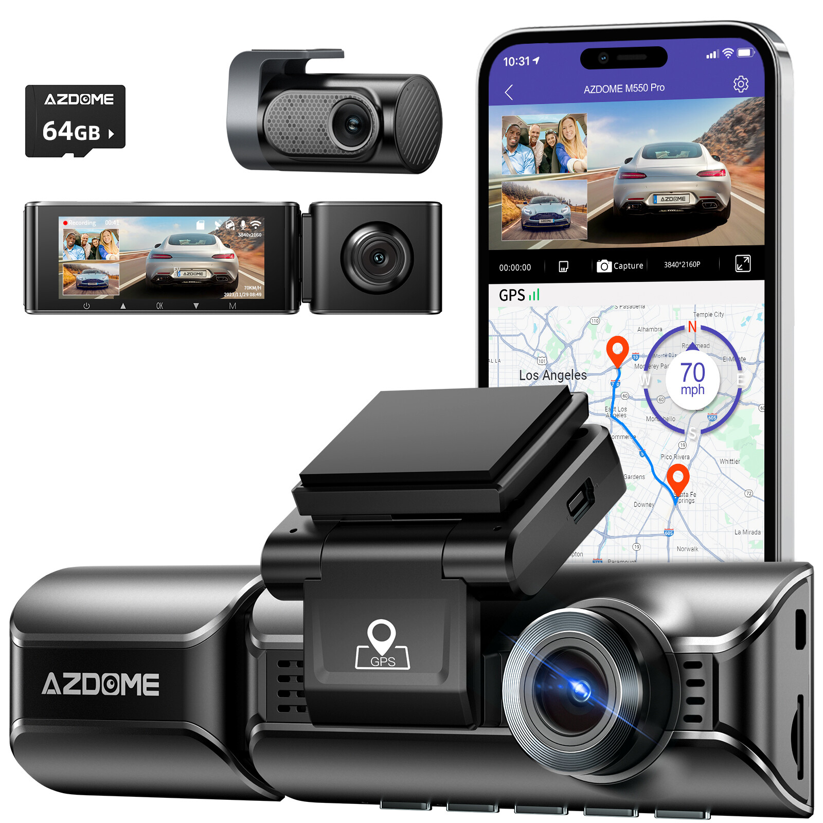 AZDOME 4K Dash Cam 5G WiFi GPS Parking Mode Night Vision Dash Camera 64G SD Card