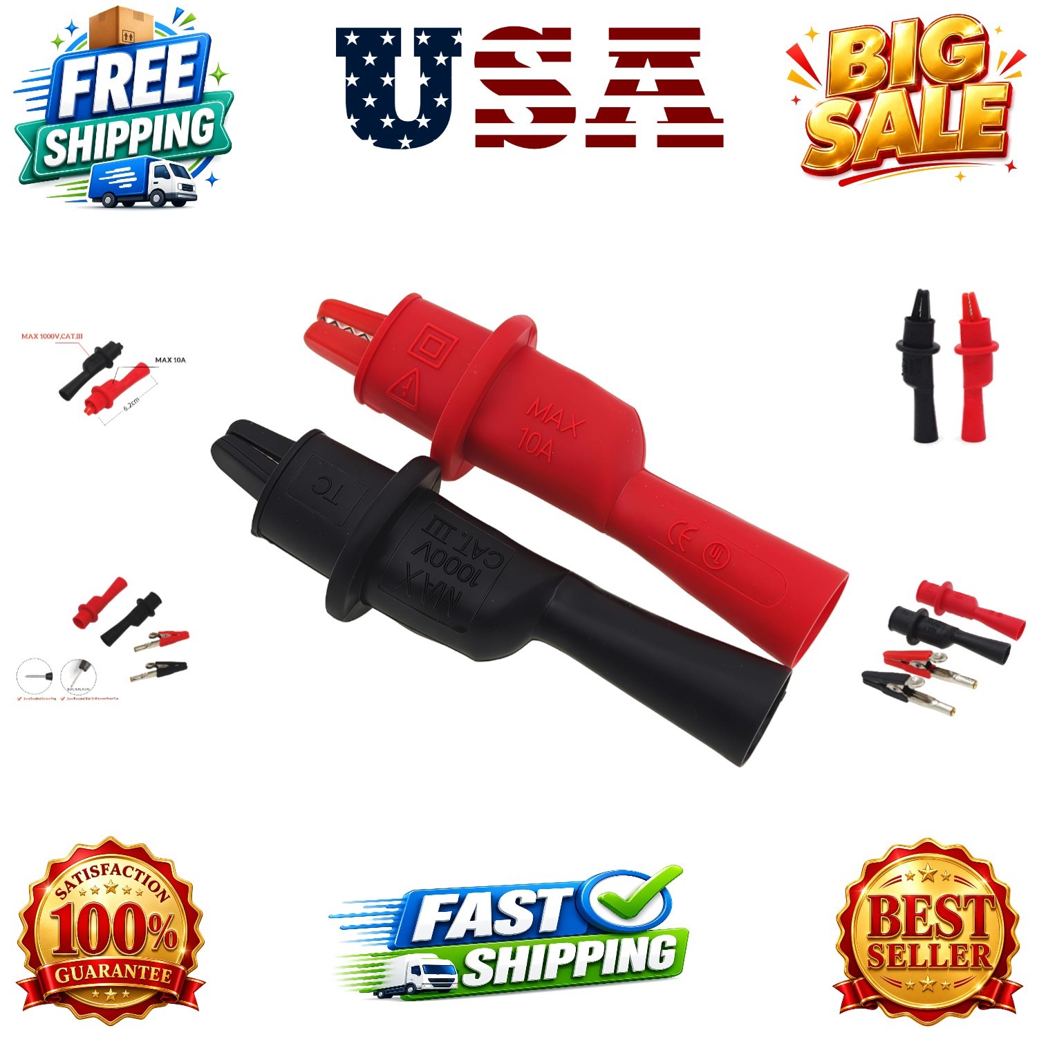 Insulated  Probe Push On Alligator Clips Crocodile Clamps Use for  Leads