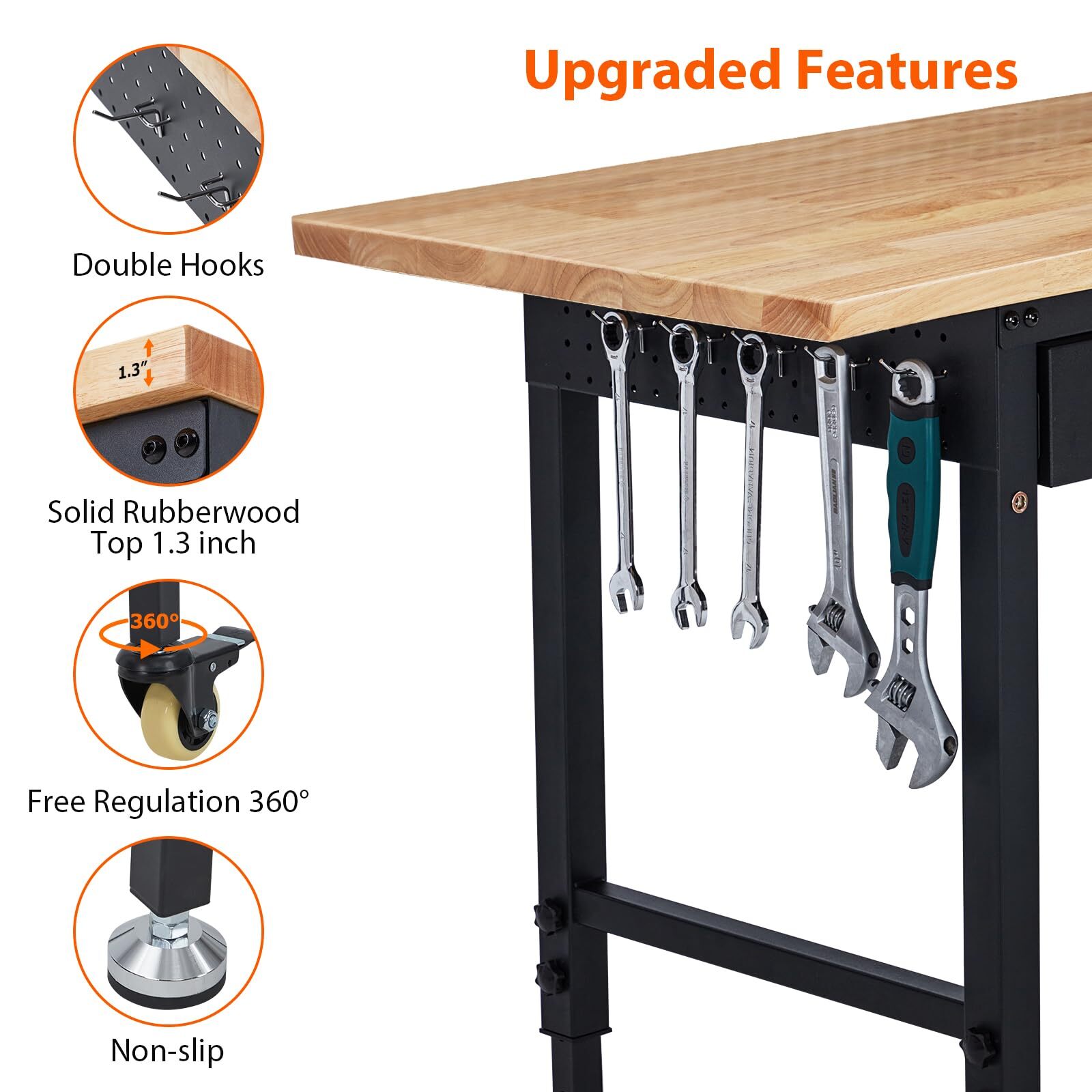 60" Workbench with Drawer Storage Adjustable Height Worktable for Garage Wheels