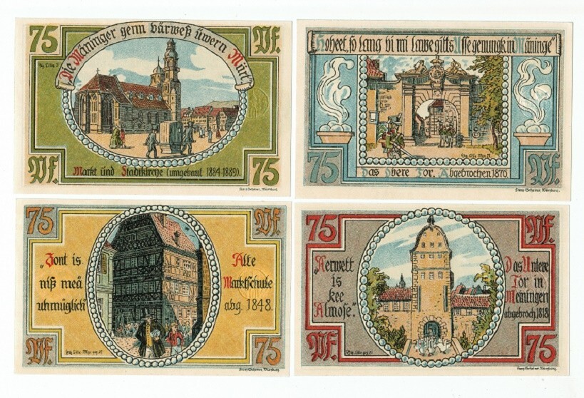SET OF 4 GERMANY NOTGELD 75 PFENNIG STADT-MEININGEN 1921 UNC