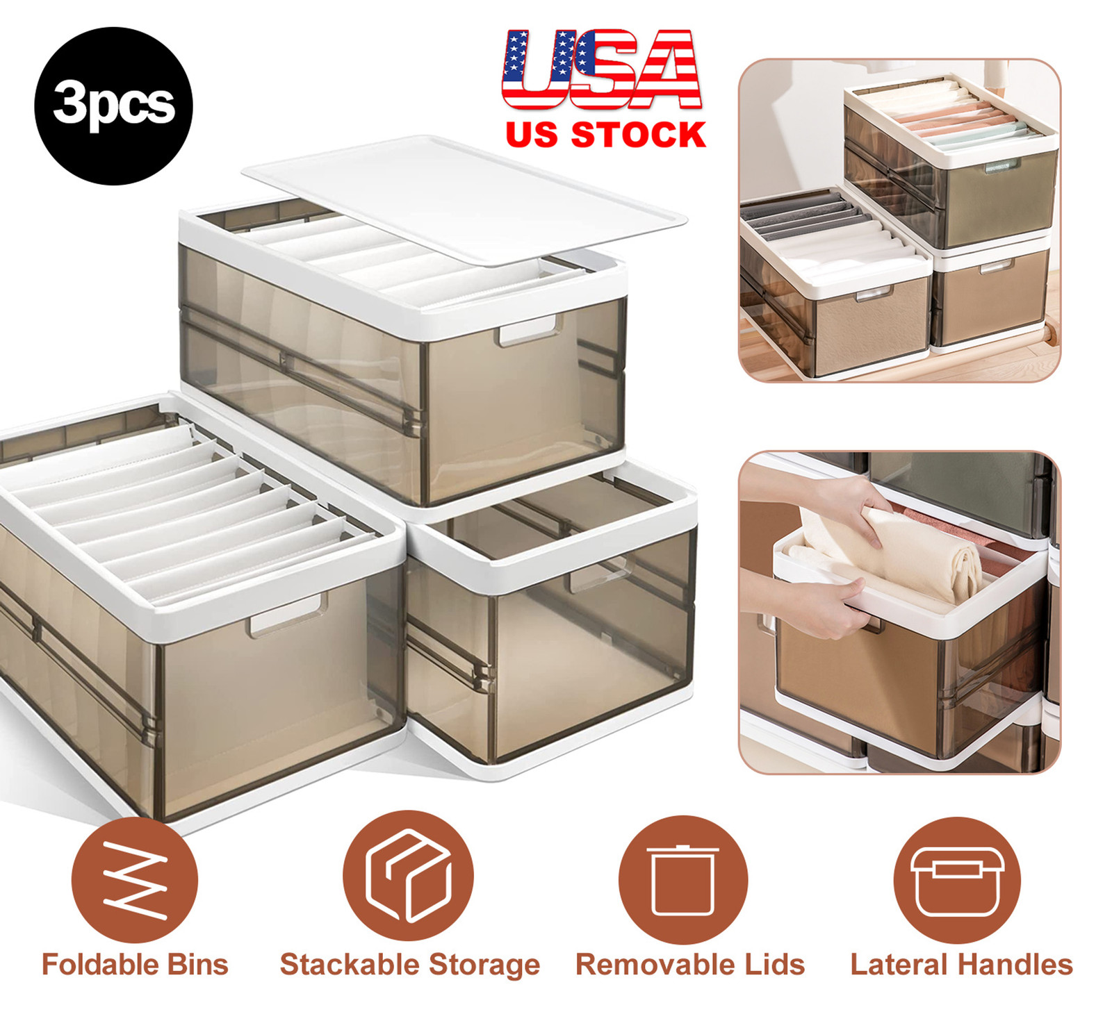 Foldable Storage Bins 3 Pack Collapsible Fabric Organizer Basket with Handles