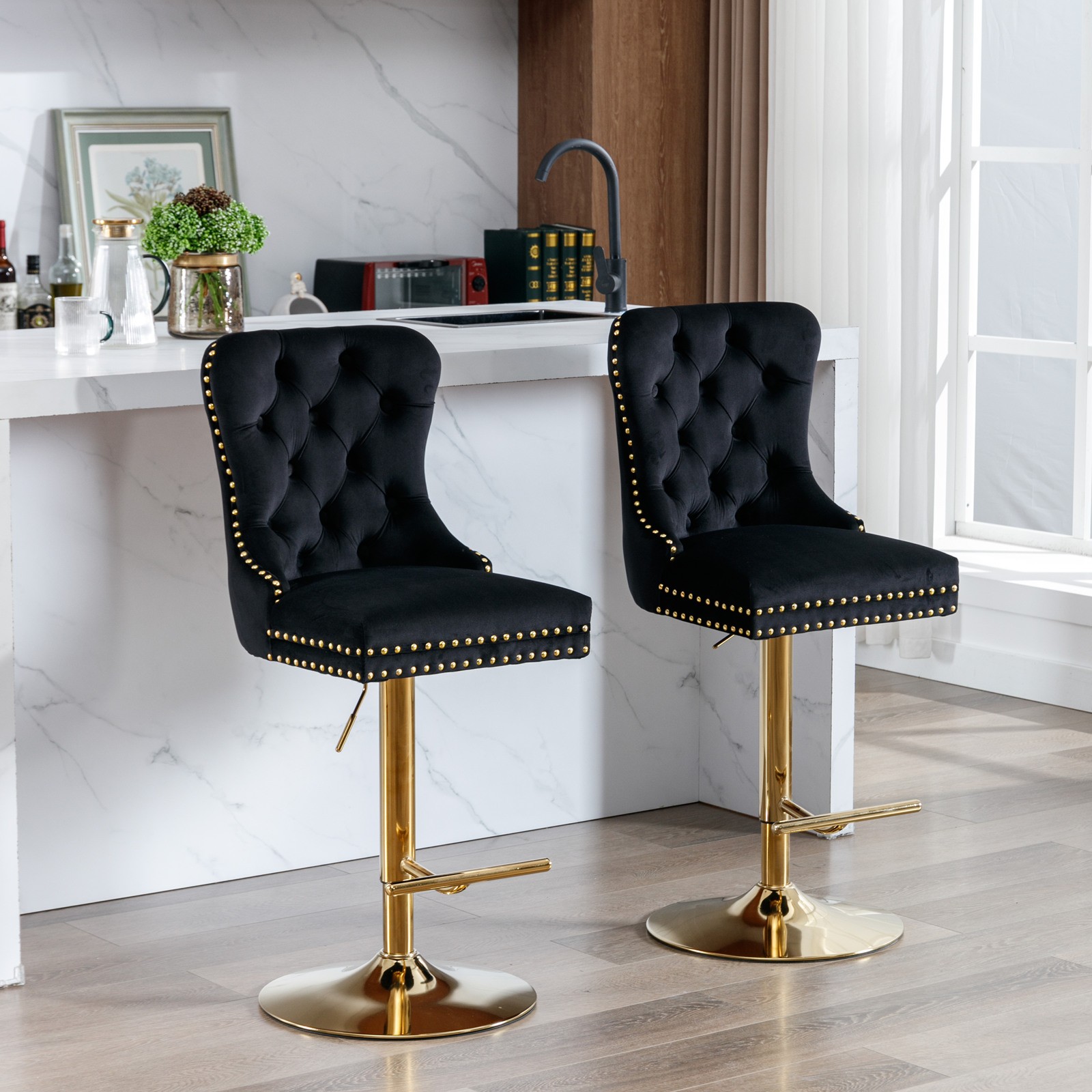 A&A Furniture,Thick Golden Swivel Velvet Barstools Adjusatble Seat Height from