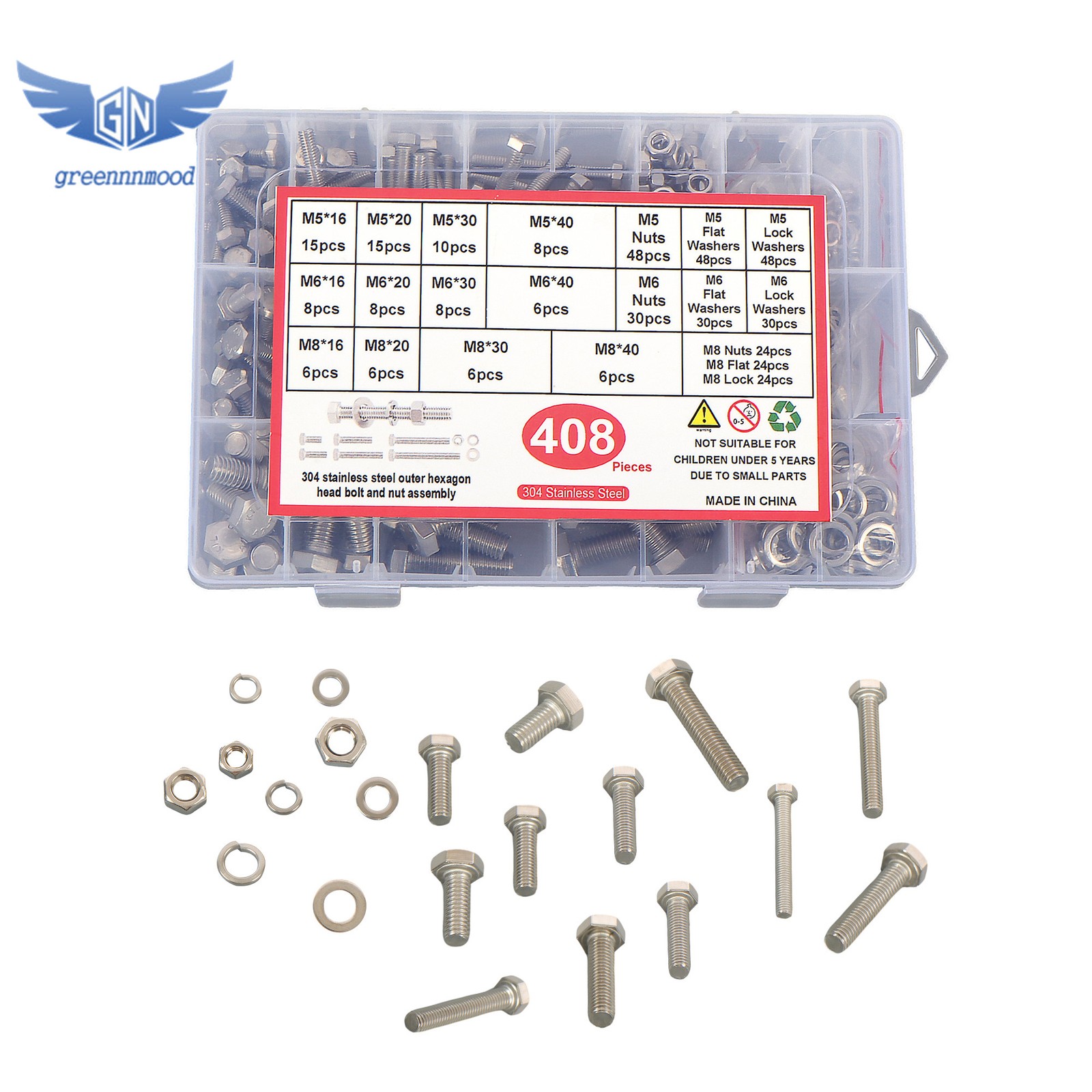 M5 M6 M8 Flanged Bolts and Nuts Kit 408 PCS 304 Stainless Metric Assortment