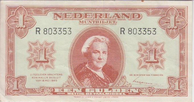 Netherlands Banknote P.70-3353 1 Gulden 1945, serie R 5AC & 6 digits, VERY FINE