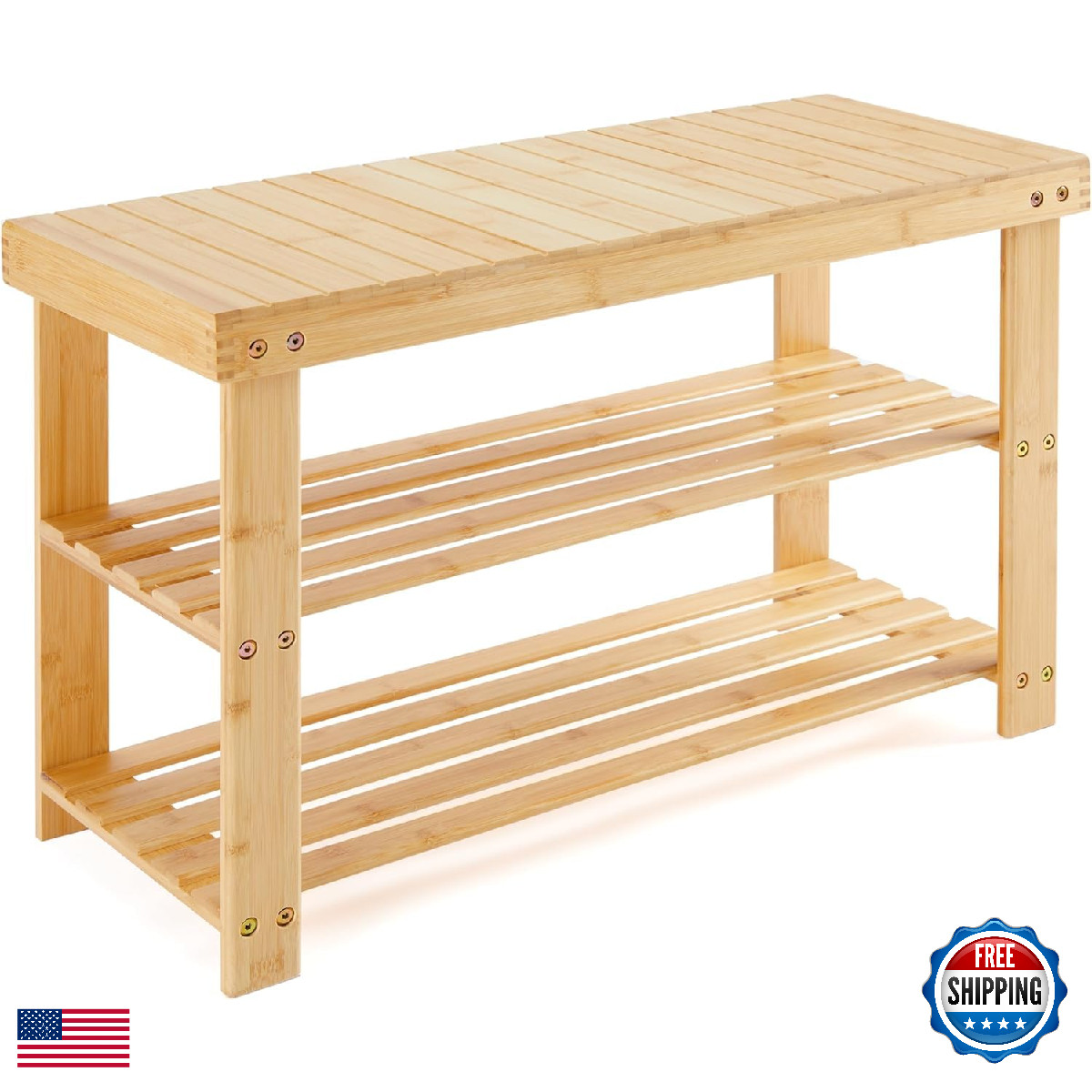 Simple Deluxe Bamboo Shoe Rack Bench 3 Tier Sturdy Shoe Bench Storage Shoe