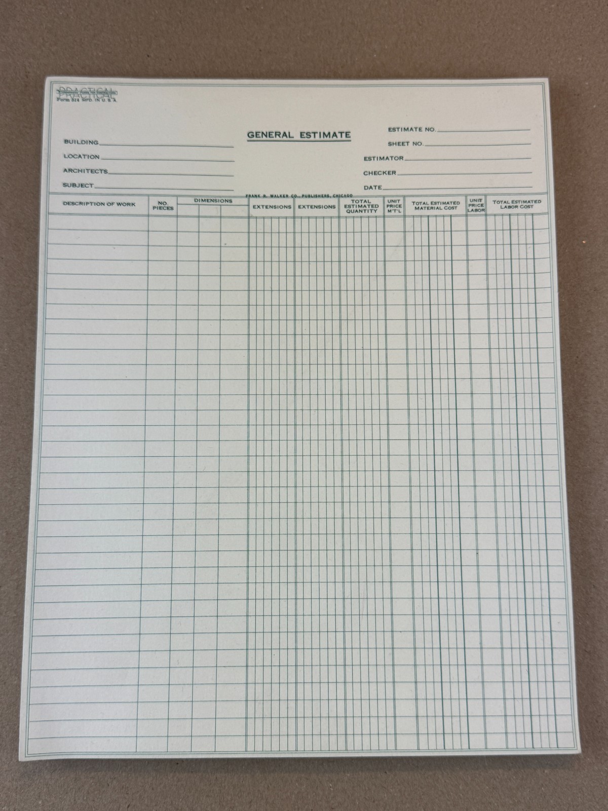 NOS Vintage Practical Form 514 "General Estimate" Pad for contractor Made USA