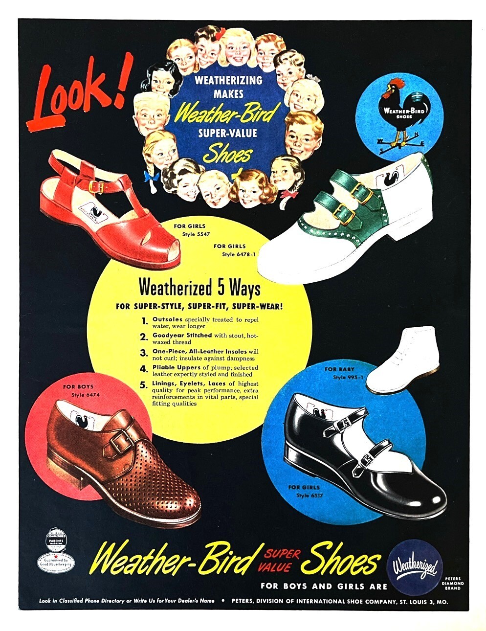 1949 WEATHER BIRD SHOES Genuine Vintage Print Ad Boys and Girls Shoes