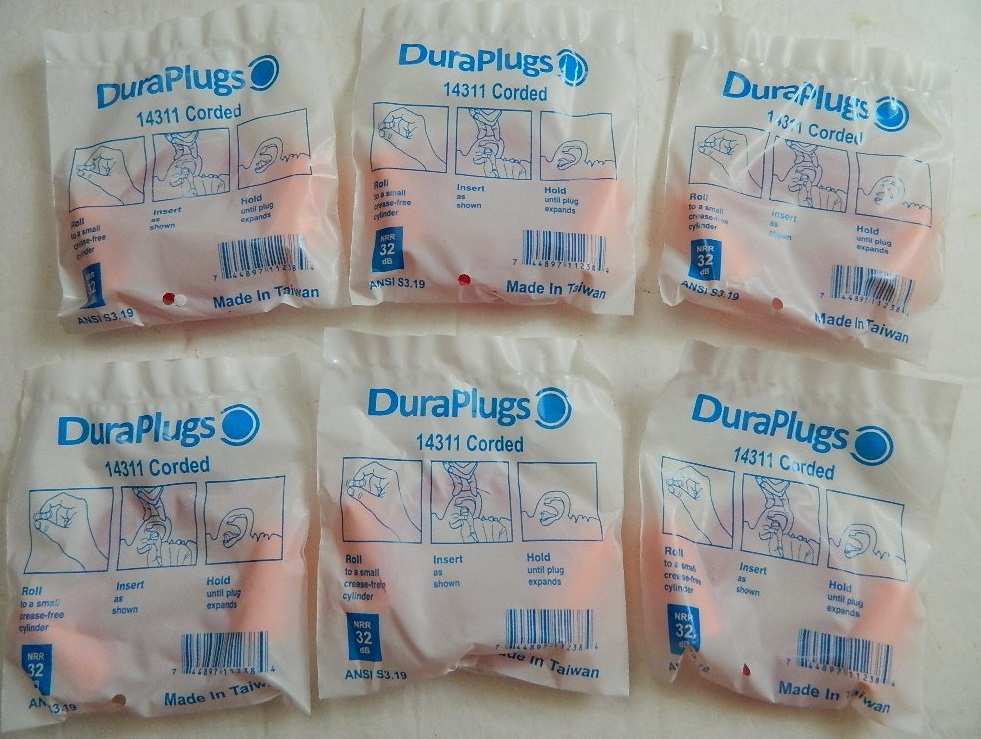 DURAPLUGS SOFT FOAM CONTOURED SHOOTING CORDED PLUGS EARPLUGS 6 PAIRS LOT, 32 dB!