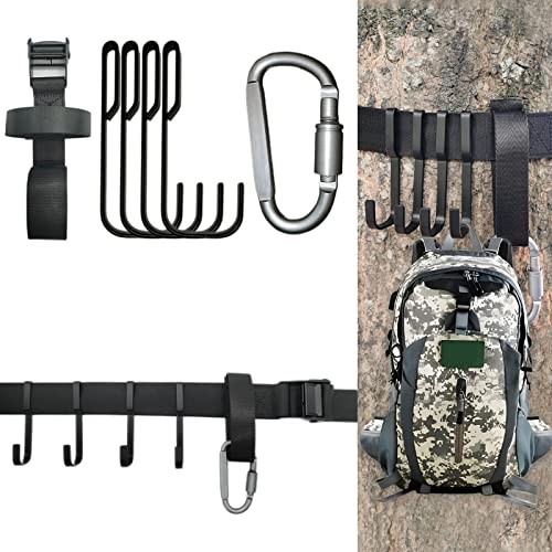 Bow Hanger Tree Strap with 1 Carabiner and 4 Metal Hooks，Adjustable Tree Strap