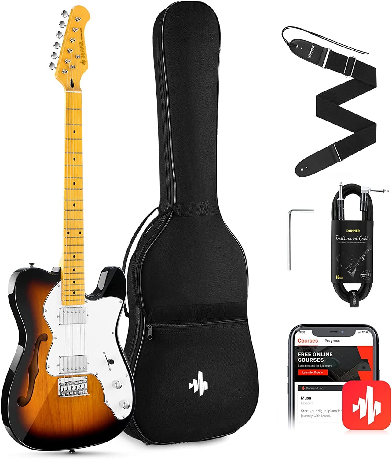 Donner DJC-1000S Beginner Electric Guitar TL Hollow F Hole Sunburst Accessories