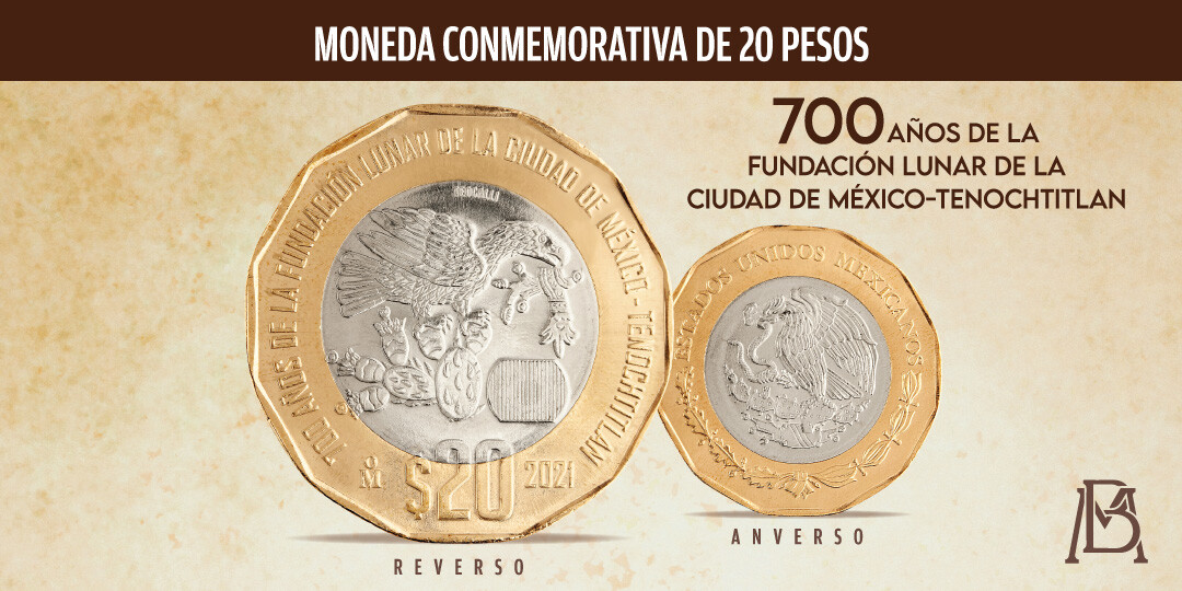 LOT OF 5 MEXICO 20 PESOS COIN  2021 700 ANOS FUNDACION LUNAR MEXICO CITY UNC