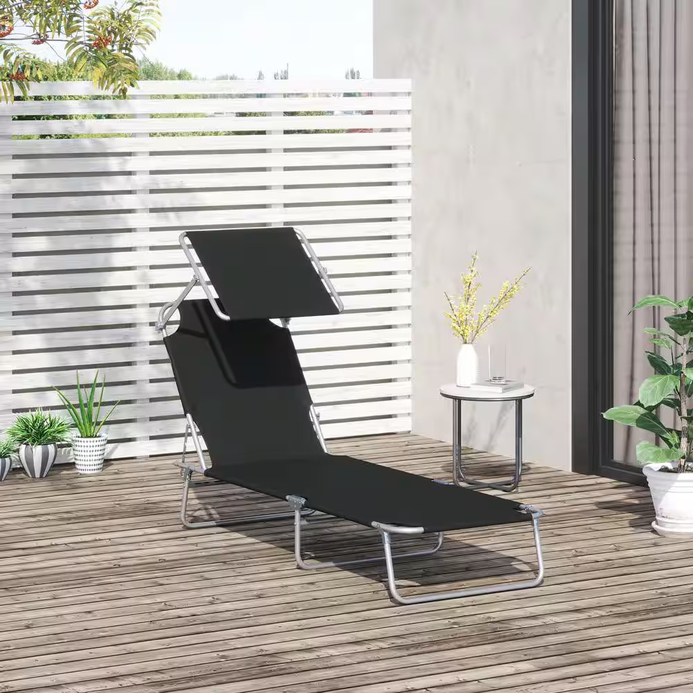 Folding Steel Outdoor Lounge Chair with Adjustable Backrest and Awning in Black
