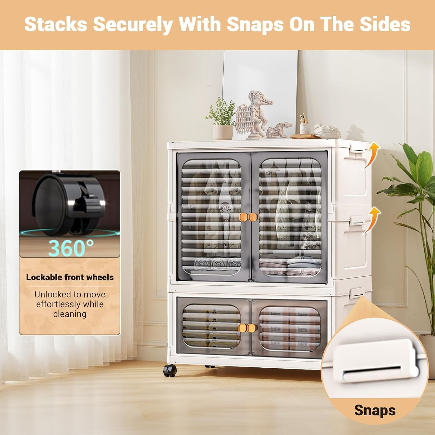 Stackable Storage Bins, Plastic Collapsible Storage Containers with Doors, Wheel