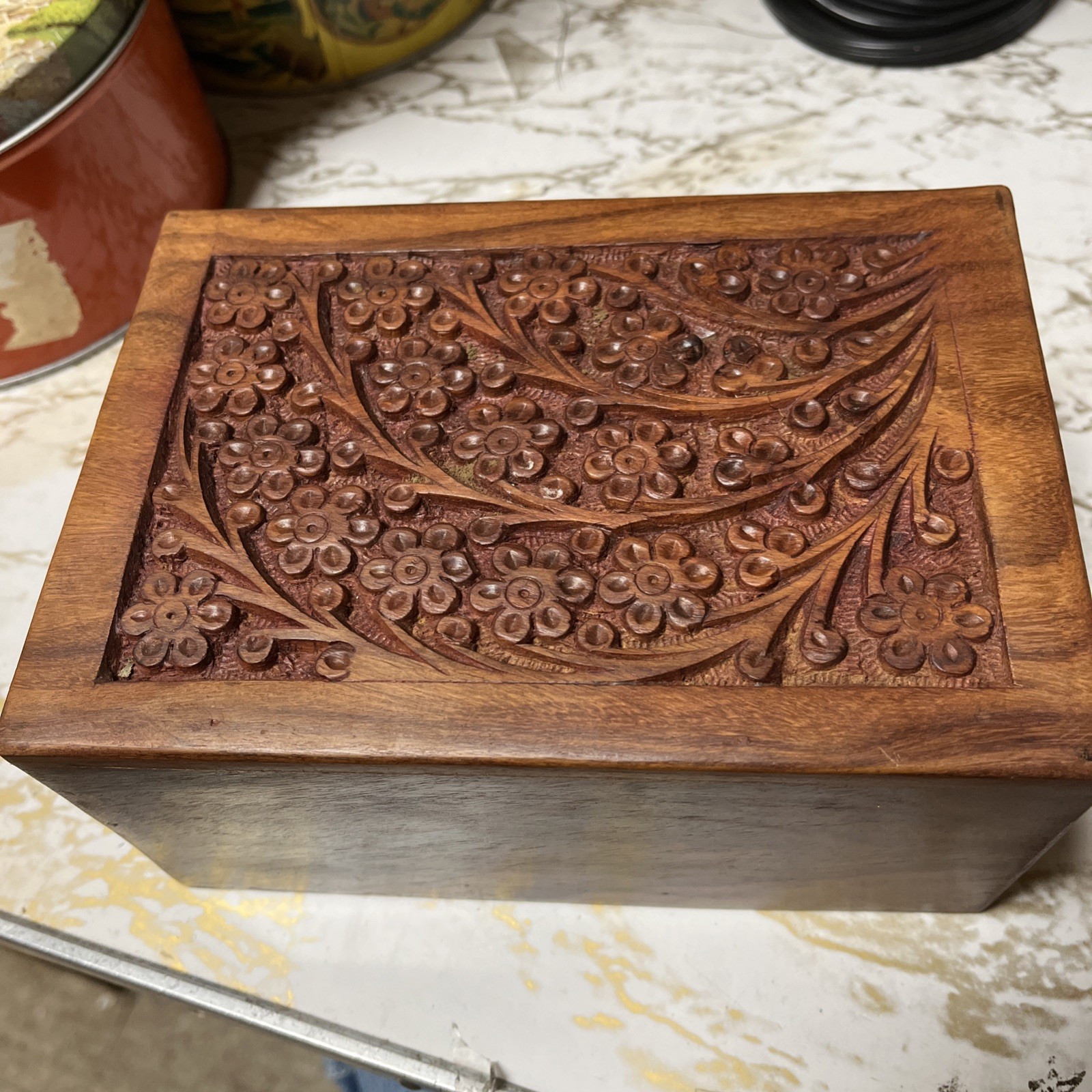Handcarved Rosewood Box With Inlayed Flowers And Branches