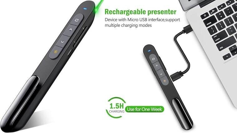 Bluetooth Luz verde USB Recargable Presentación Control remoto Powerpint Clicker