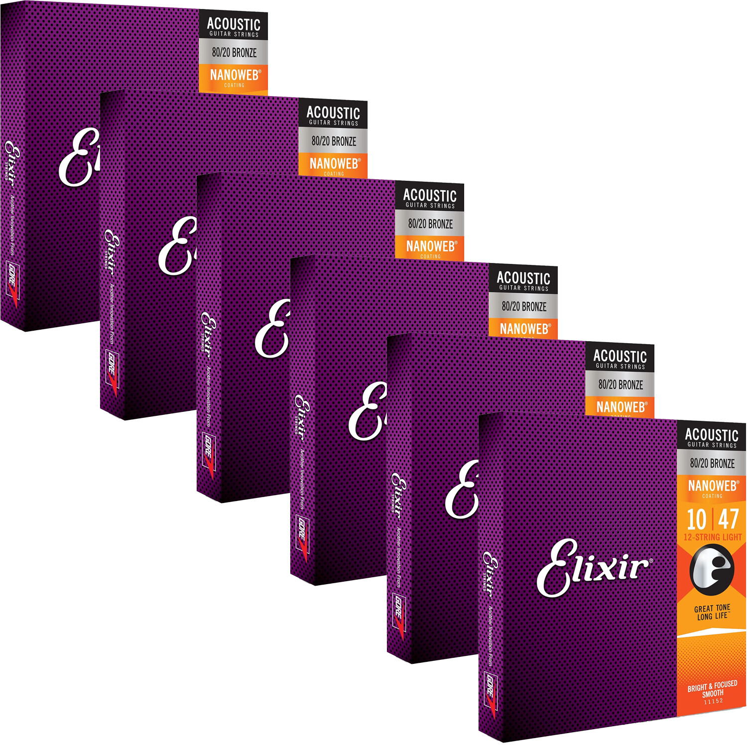 6 Sets Elixir 11152 NANOWEB 80/20 12-String Light Acoustic Guitar Strings