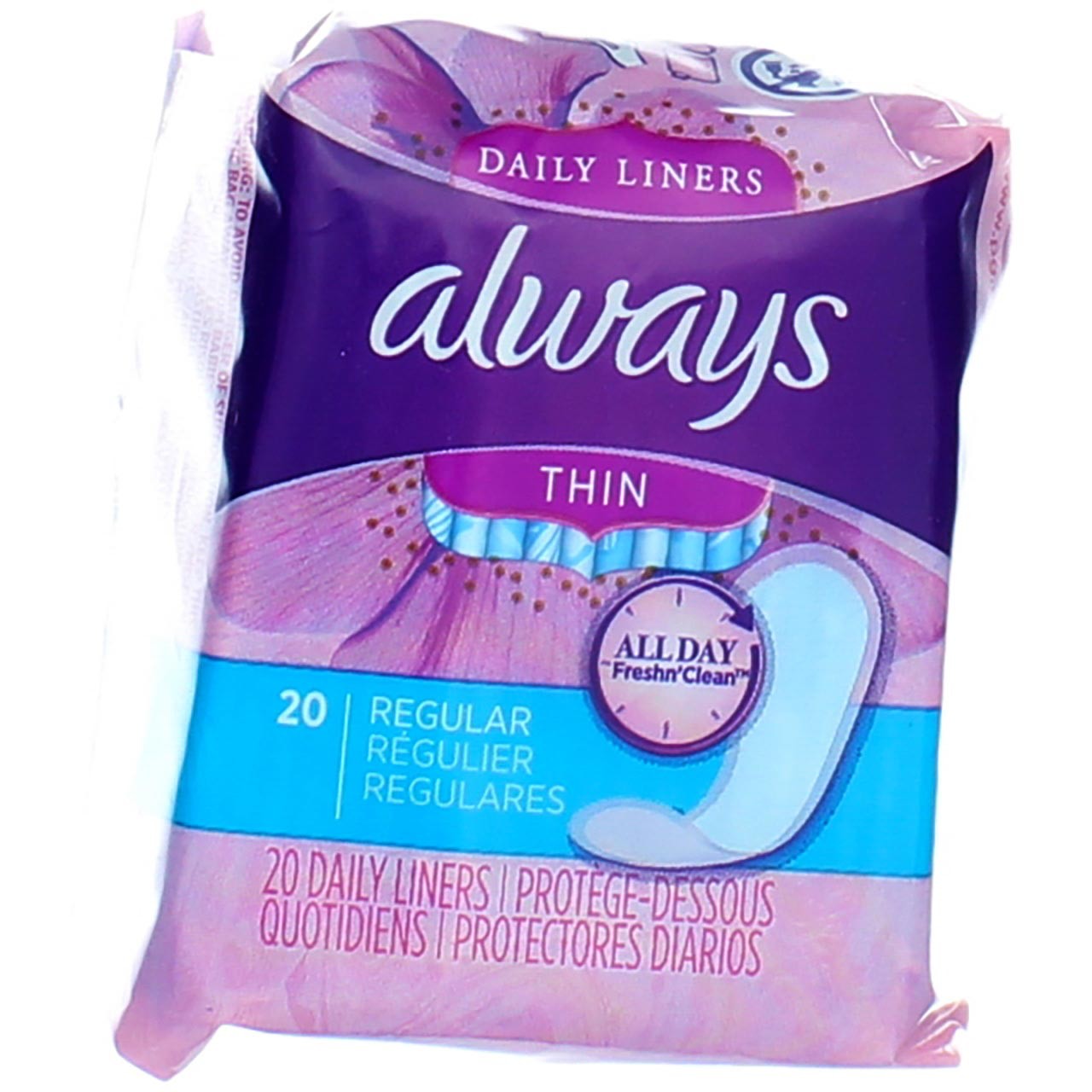 4 Pack Always Thin Daily Liners, Regular, Wrapped, Unscented, 20 Ct