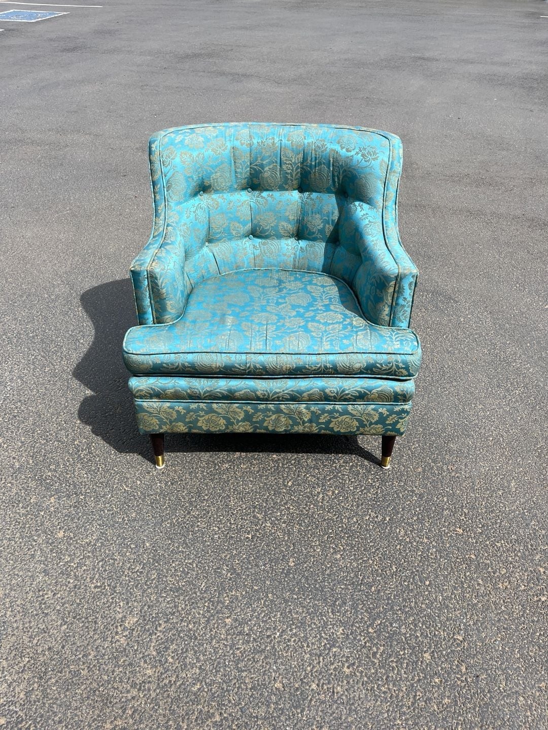 Vintage Mid-Century Modern Tufted Wingback Armchair in Teal and Gold Floral Dama