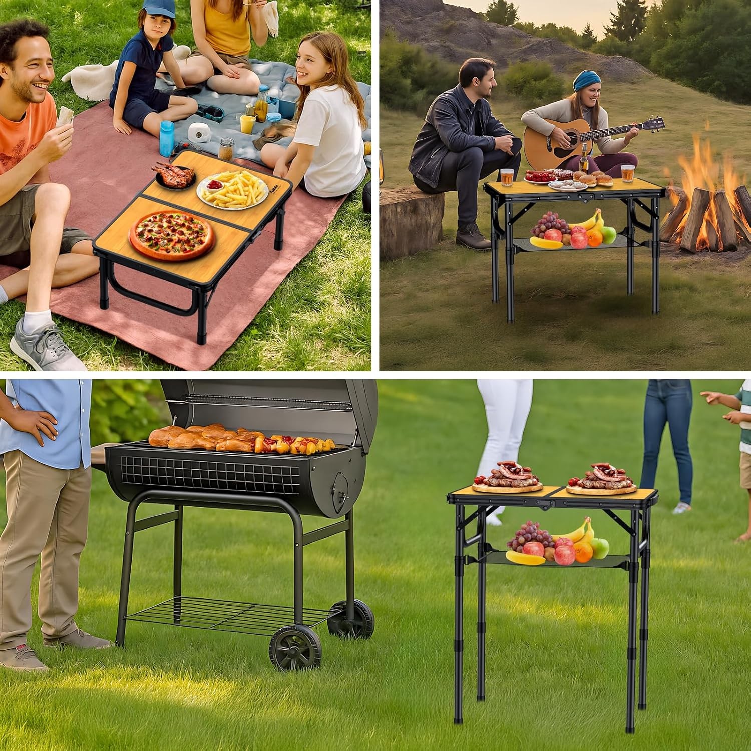 2ft Camping Table Foldable W/ Storage Net 3 Adjustable Heights Aluminum Small