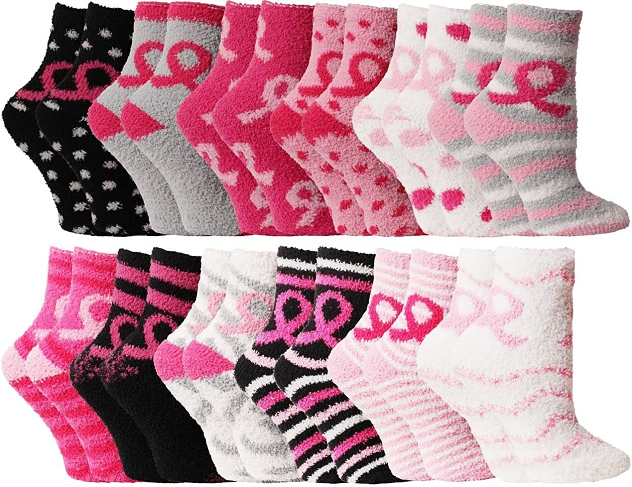 Yacht & Smith Womens Cozy Fuzzy Socks,(12 Pairs Pink Breast Cancer Awareness)