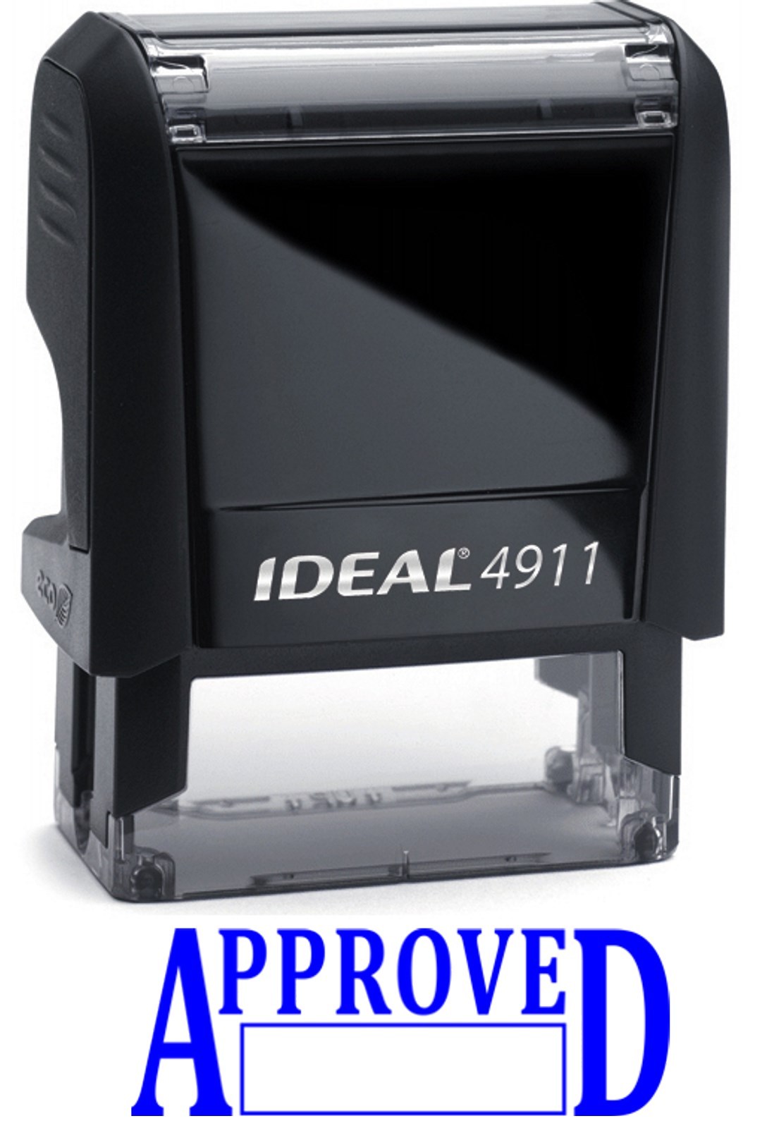 APPROVED text with Date Box on IDEAL 4911 Self-inking Rubber Stamp, BLUE INK