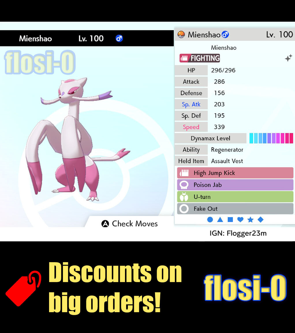 6IV Ultra Shiny Mienshao Pokemon Sword and Shield (Square Shiny)
