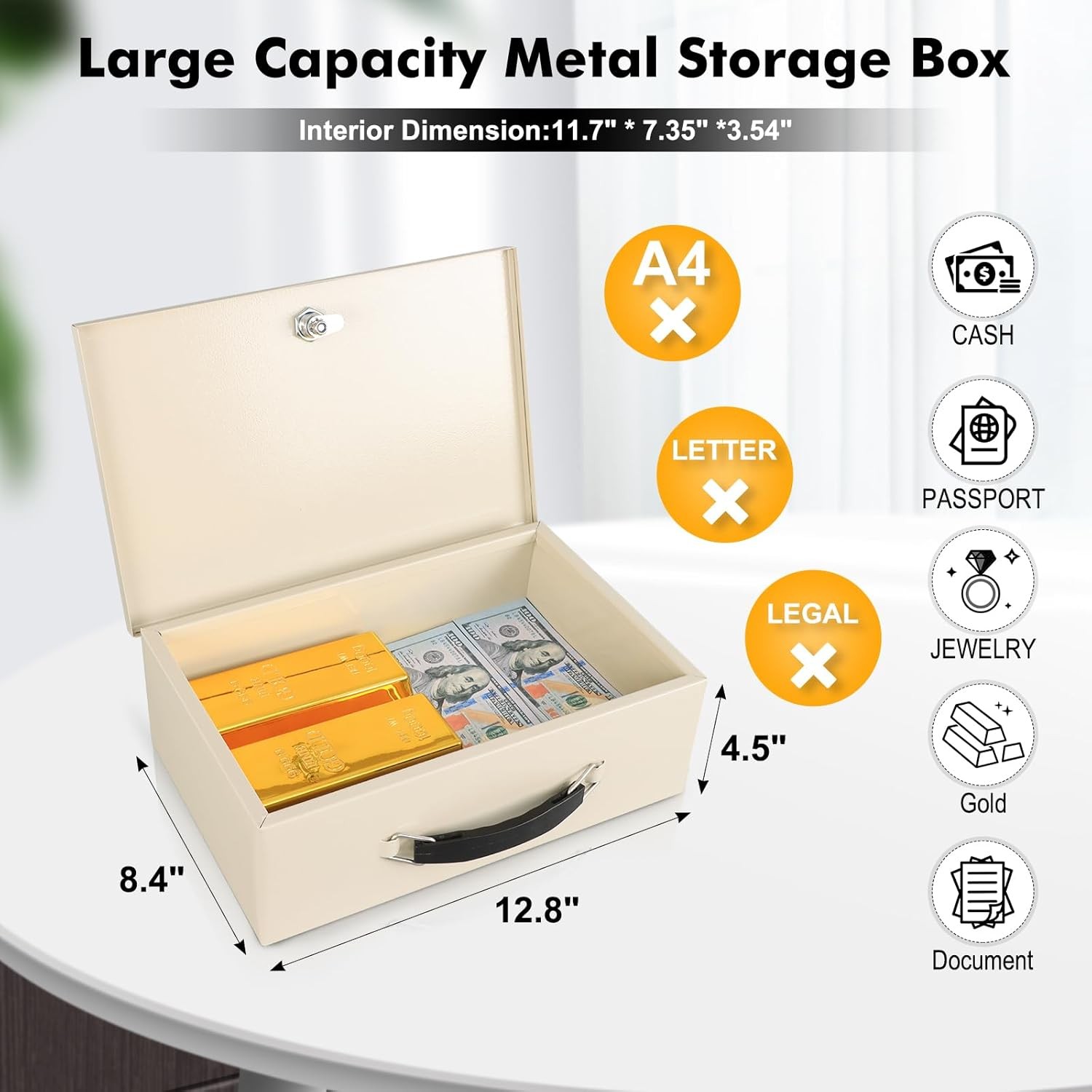 KYODOLED Fireproof Document Box with Key Lock, Small Safe Medium, Beige