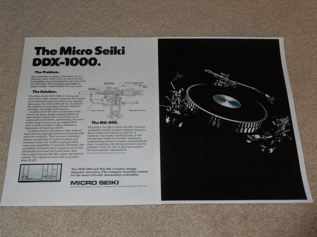 Micro Seiki Ad, DDX-1000 Turntable, MA-505 Tonearm, 2 pg, 1976, Very Rare!