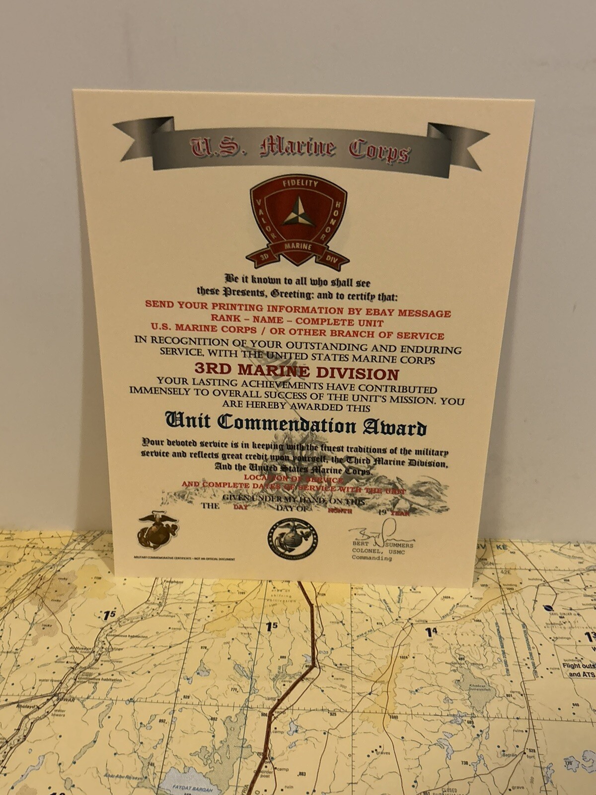 U.S.M.C. / 3RD MARINE DIVISION ~ UNIT COMMENDATION AWARD / CERTIFICATE
