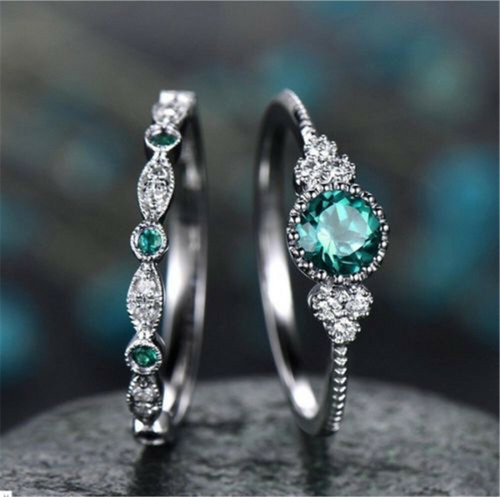 2pcs/set Women's Wedding Set Rings Alloy Silver Round Cut Emerald Ring Size 6-10