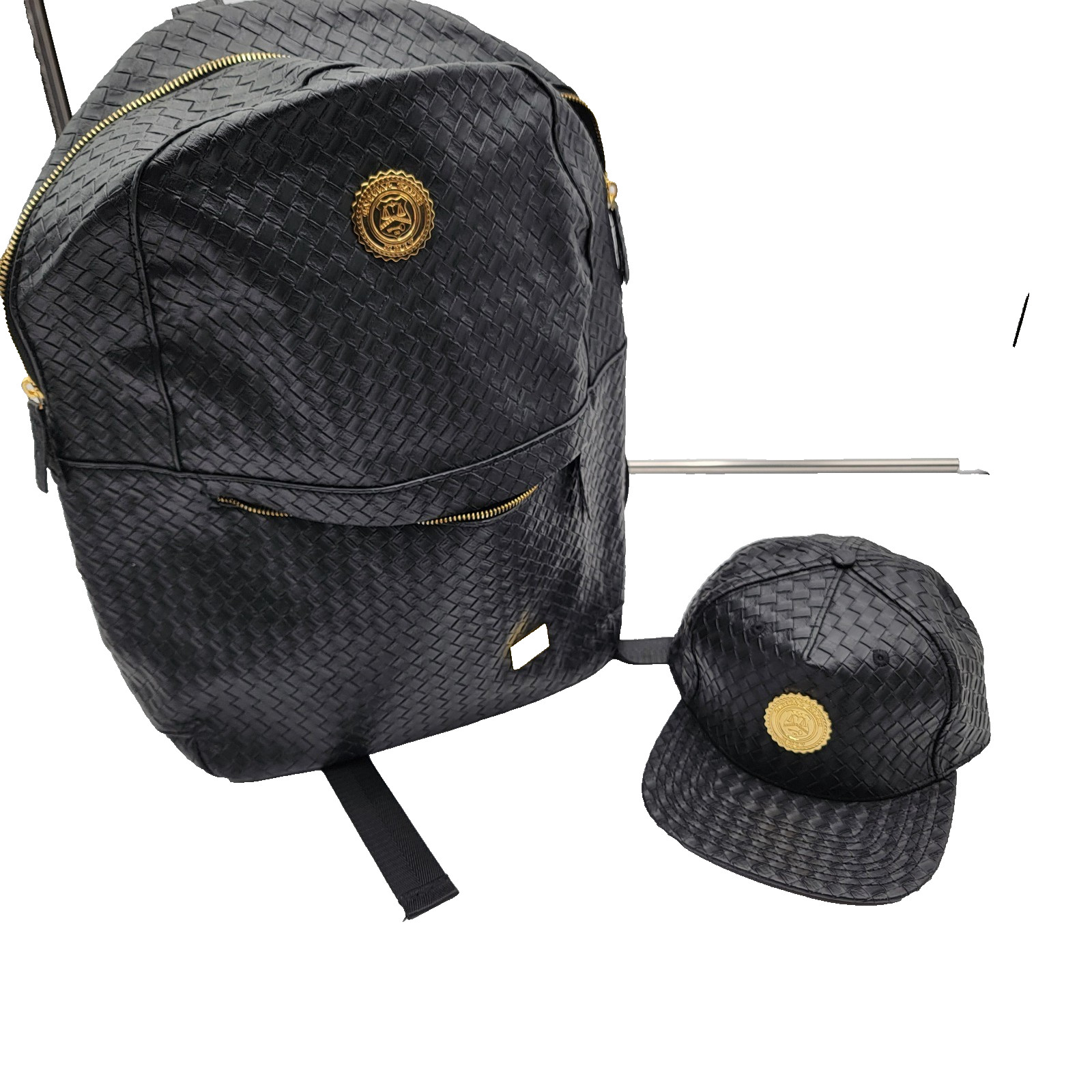Capital Gains Black Woven Backpack + Strapback Hat Bundle NWT Gold Logo