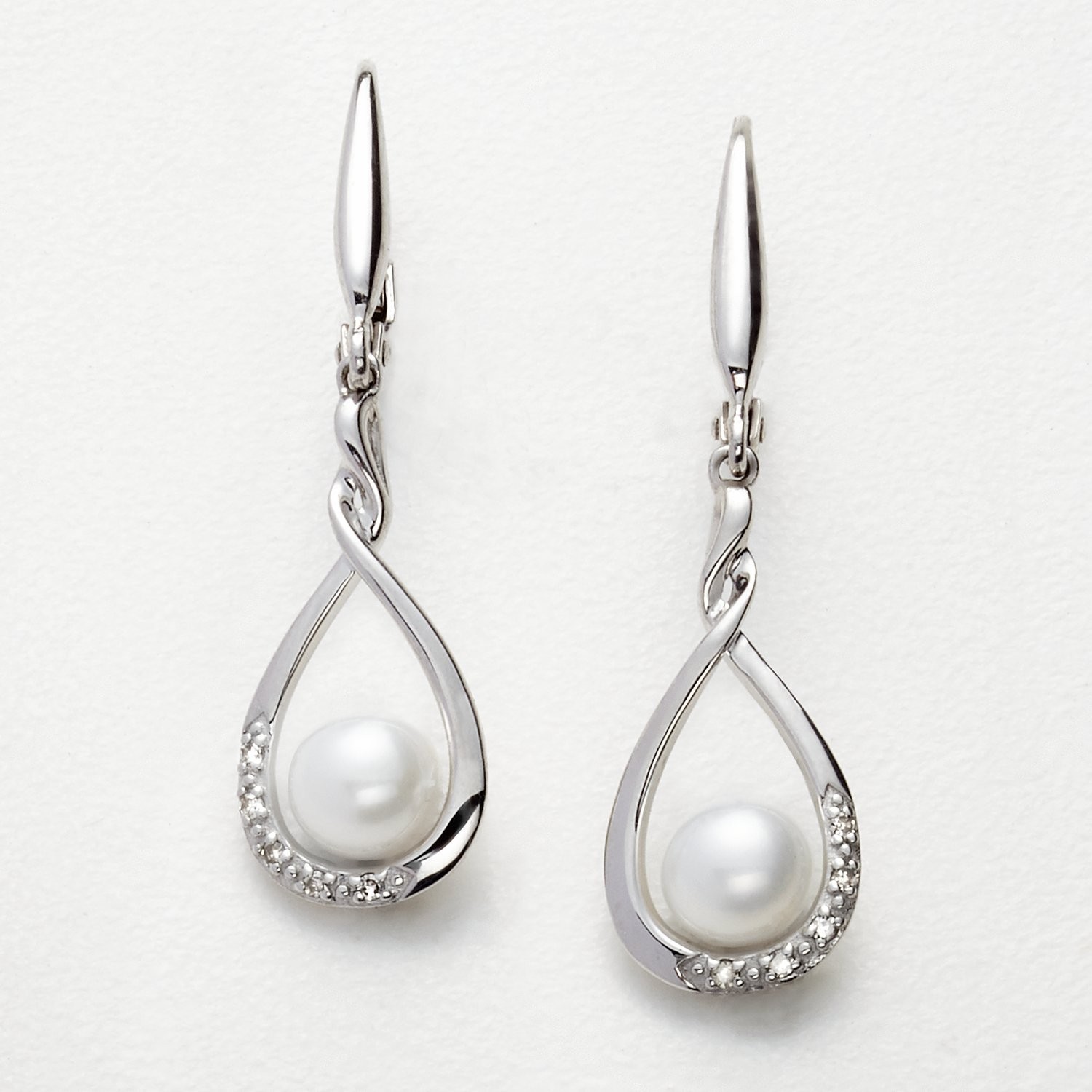 Infinity Diamond Pearl Earrings Sterling Silver Freshwater Pearl Lever Back Gift