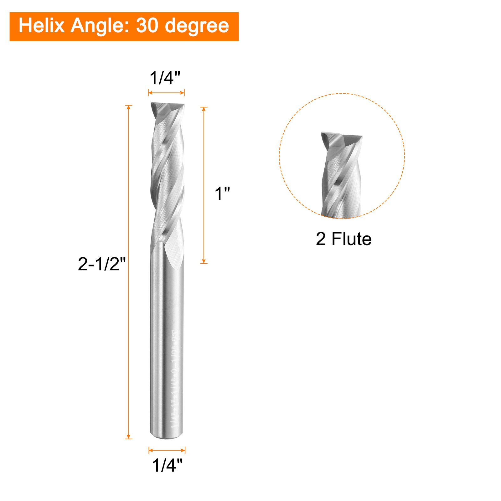 Spiral Router Bit 1/4"x1/4"x1"x2-1/2" 2 Flutes 30 Degree Helix HRC49-51