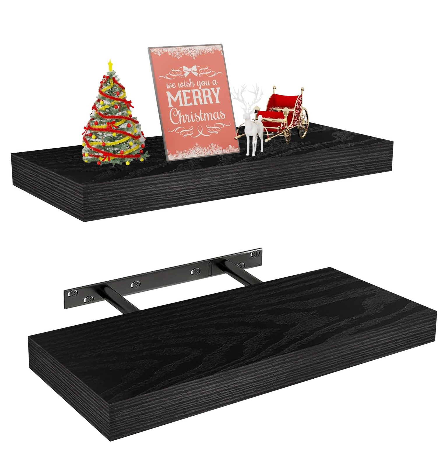 Black Floating Shelves for Wall Rustic Wood Wall Mounted Shelves Set of 2 Decor
