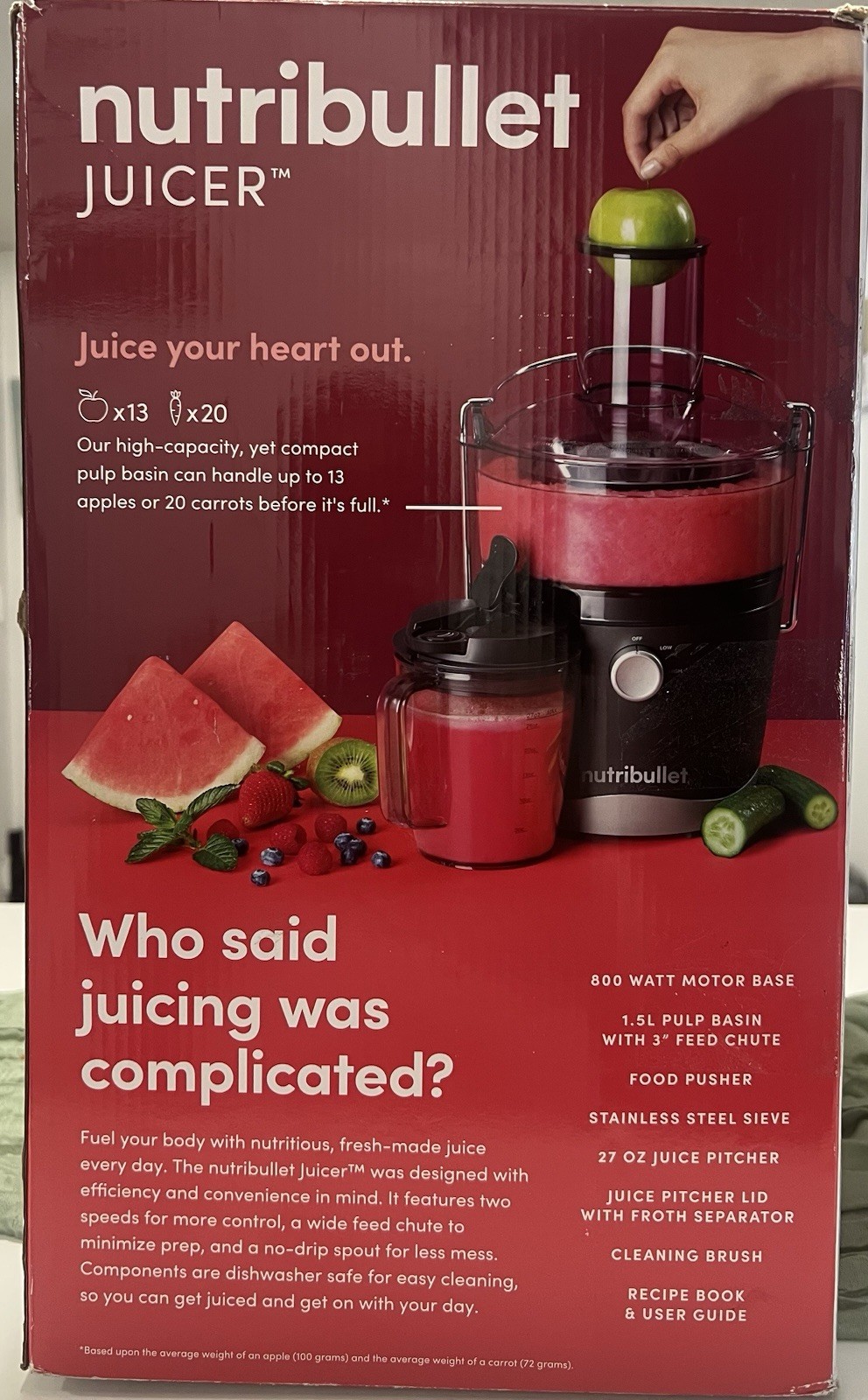 NutriBullet Juicer 800W 27oz Pitcher, Wide Feed Chute, Stainless Steel, 2 Speeds
