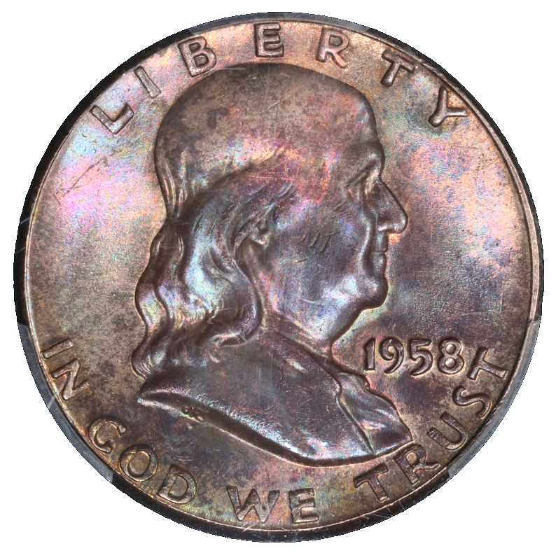 1958 Franklin Silver Half Dollar PCGS MS-65 End Roll Album Toned Toning Toner